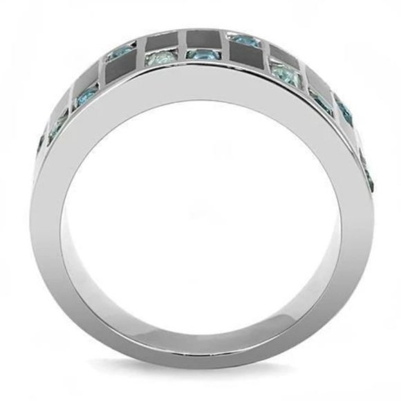 STAINLESS STEEL Sea Blue CZ Art Deco Band Ring - Picture 15 of 16